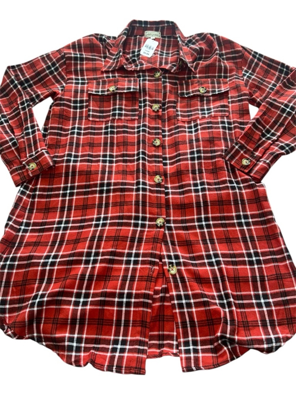 NWT Red Plaid Long Button Front Tunic Length Top L New